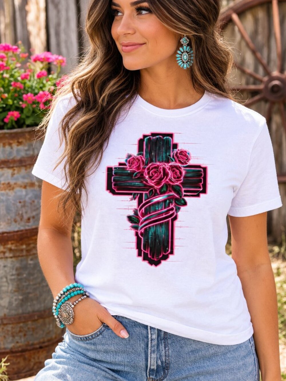Cross Rose Western Graphic T Shirt Trendy Boutique Style Tee Womens White